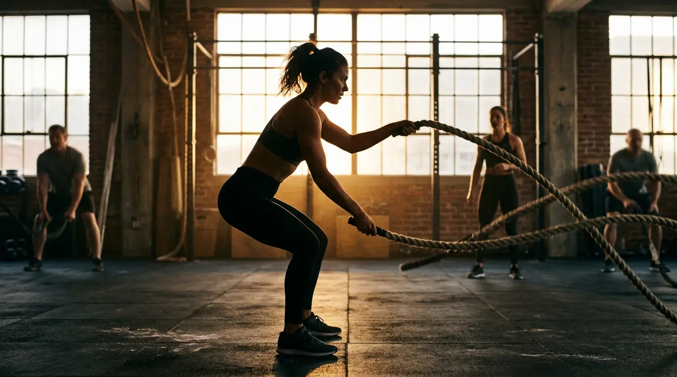 Backlit silhouette of a female athlete working battle ropes during a group HIIT class