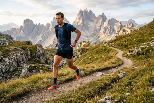 Trail runner on a narrow single-track trail beneath rugged mountain peaks
